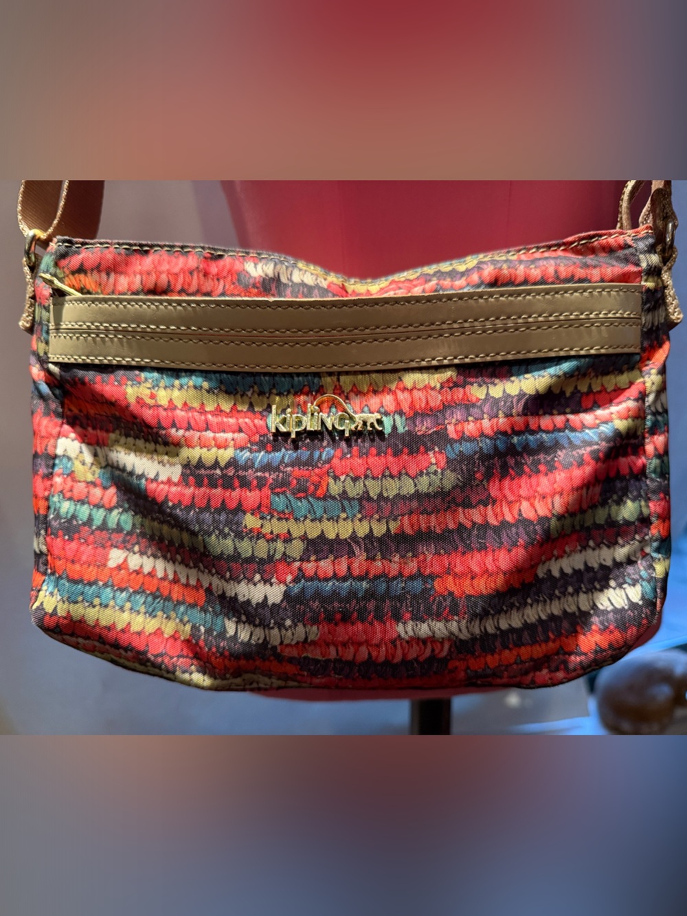 Kipling Multicolor Striped Crossbody Bag with Tan Trim